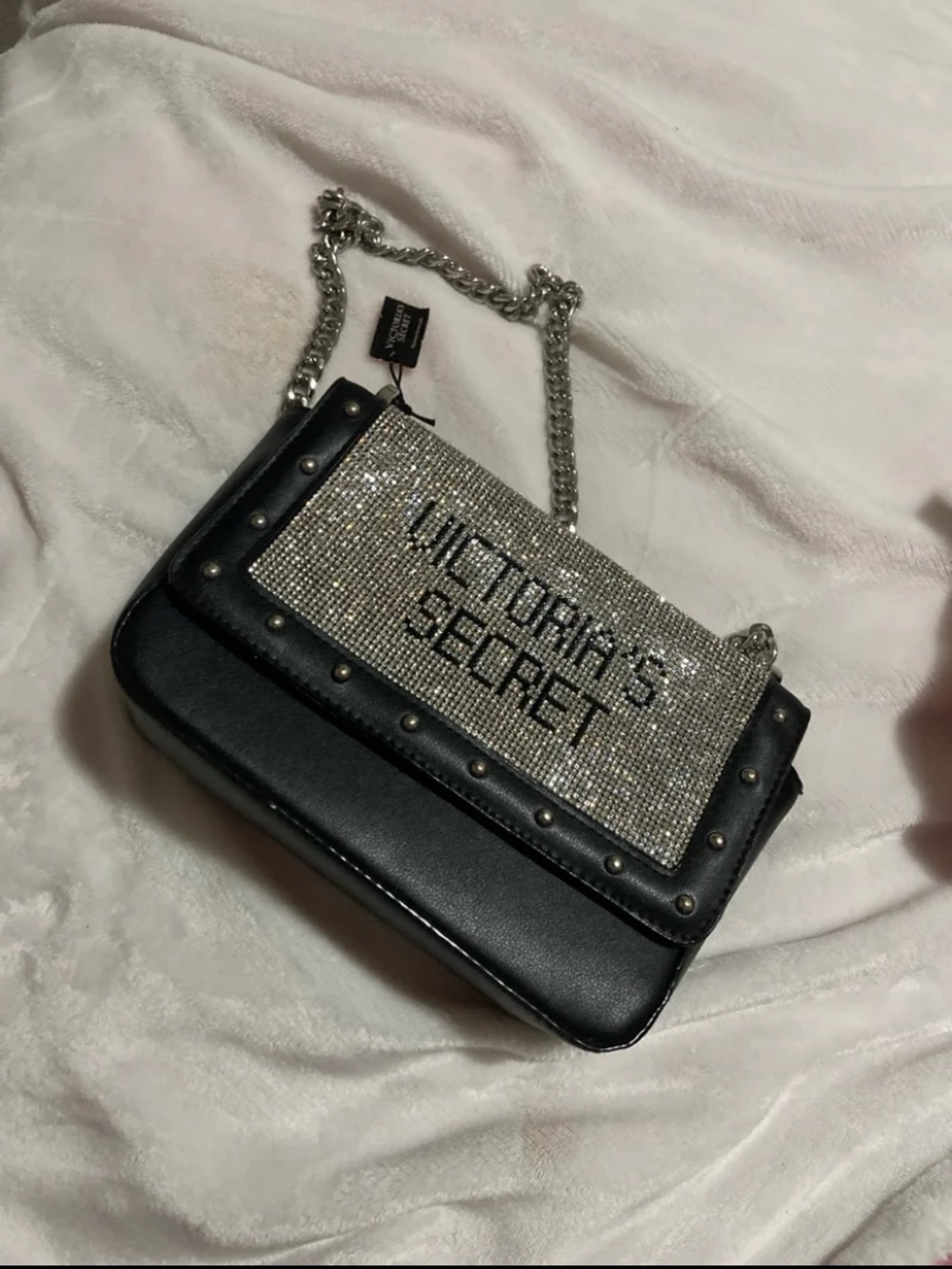 Victoria's Secret Black Rhinestone Logo Chain Shoulder Bag